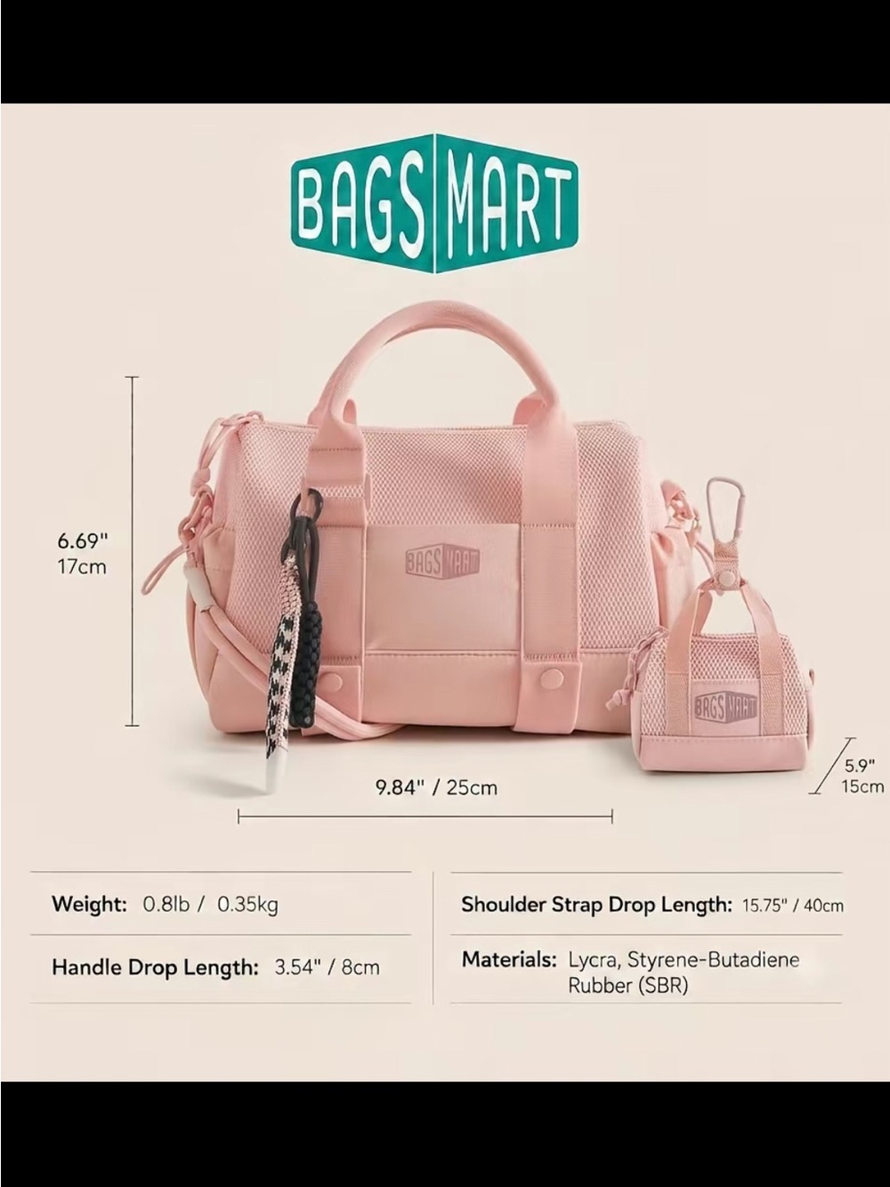 BNWT BAGSMART Pink Mini Reiki Duffle Bag with Key Pouch